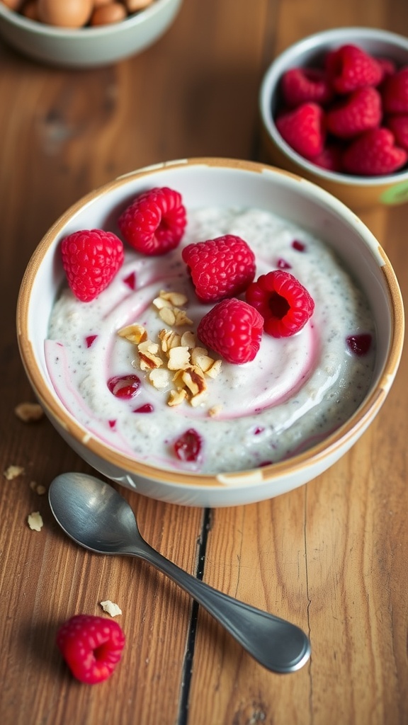 A bowl of Raspberry Chia Pudding Overnight Oats topped with fresh raspberries and nuts on a rustic table.